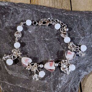 Vintage Murano Glass Beads White Silver Charm Bracelet Style H